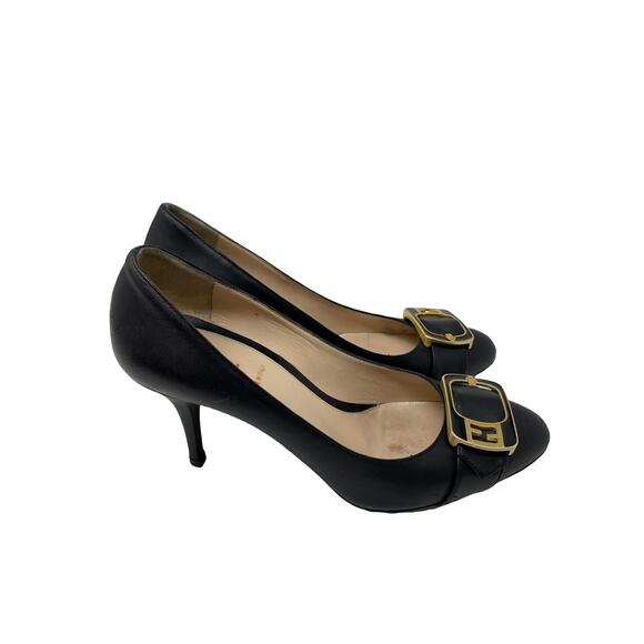 Fendi Heels Womens 36.5 FF Buckle Pumps Black Gold Leather Round Toe Slip On - Picture 4 of 12